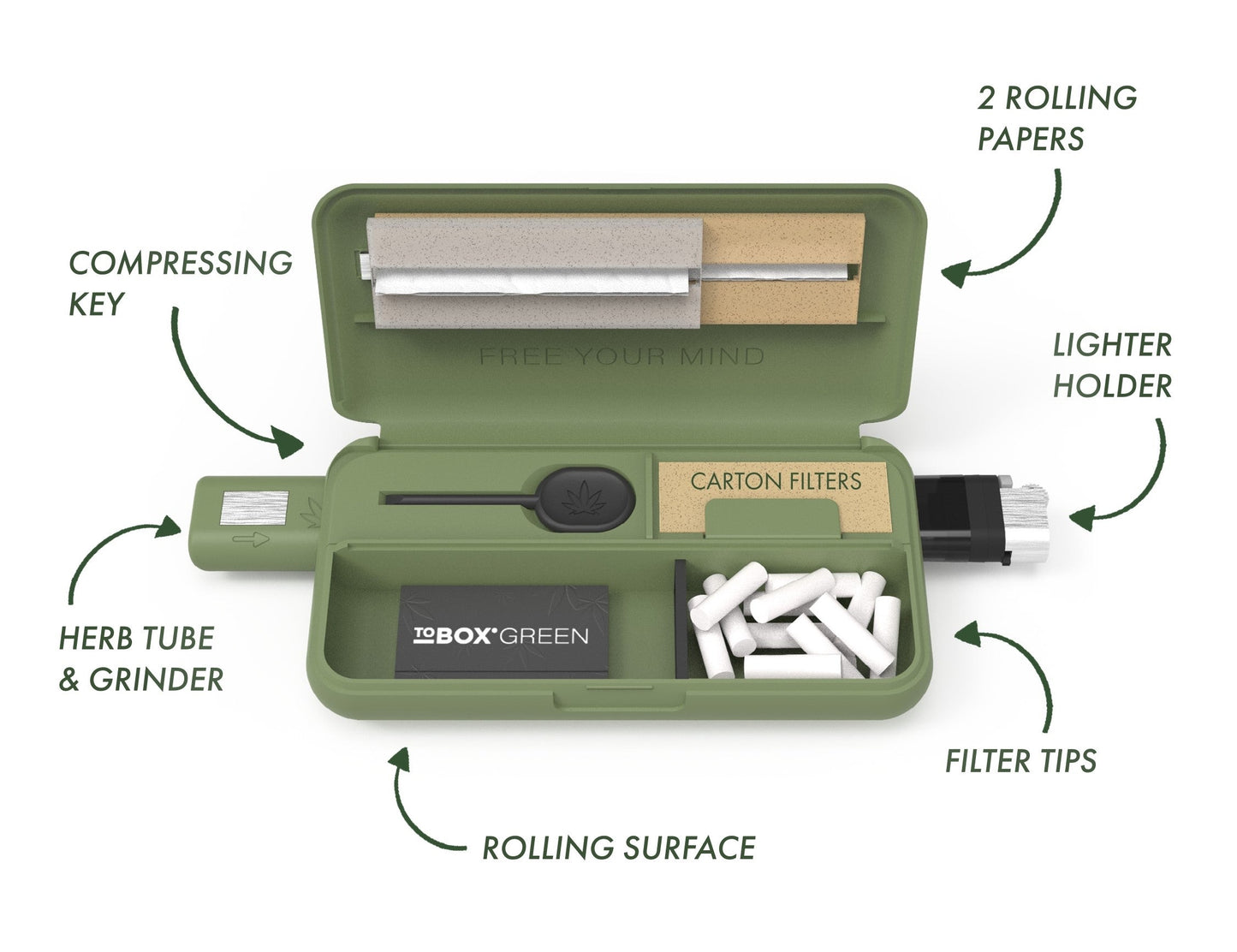 Tobox Green All-In-One Pocket Size Smell-Proof Stash Box Rolling Kit